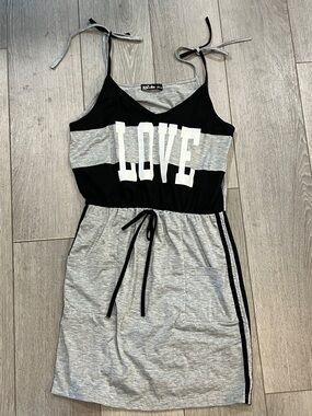 Casual Sleeveless Tie-Shoulder Heather Gray Dress with Black Side Stripe